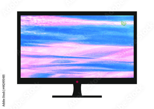 Grafika przedstawiająca płaski monitor LCD. Tło wykonane na podstawie materiałów własnych autora pracy.
