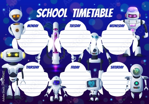 Cartoon robots, kids education timetable schedule