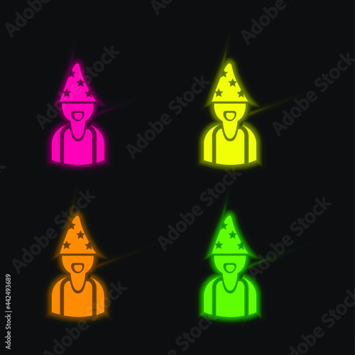 Astrologer Wearing Hat With Stars four color glowing neon vector icon