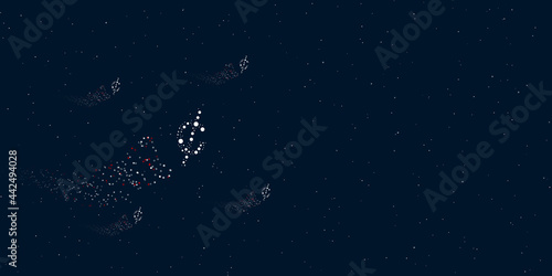 A cent symbol filled with dots flies through the stars leaving a trail behind. Four small symbols around. Empty space for text on the right. Vector illustration on dark blue background with stars