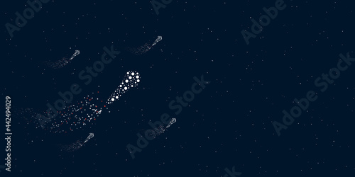 A microphone symbol filled with dots flies through the stars leaving a trail behind. There are four small symbols around. Vector illustration on dark blue background with stars