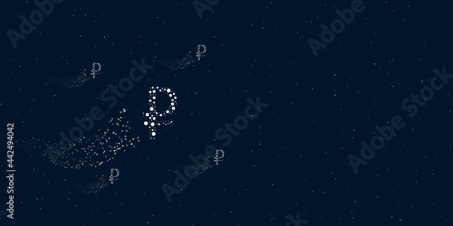 A ruble symbol filled with dots flies through the stars leaving a trail behind. Four small symbols around. Empty space for text on the right. Vector illustration on dark blue background with stars