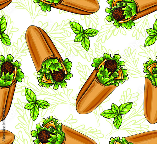 Light vector seamless pattern with meat, salad leaves and vegetables wrapped in pita bread. Background with fast food and herbs. Roll with cutlet and cheese