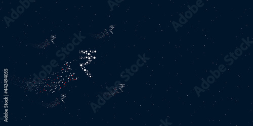 A indian rupee symbol filled with dots flies through the stars leaving a trail behind. There are four small symbols around. Vector illustration on dark blue background with stars