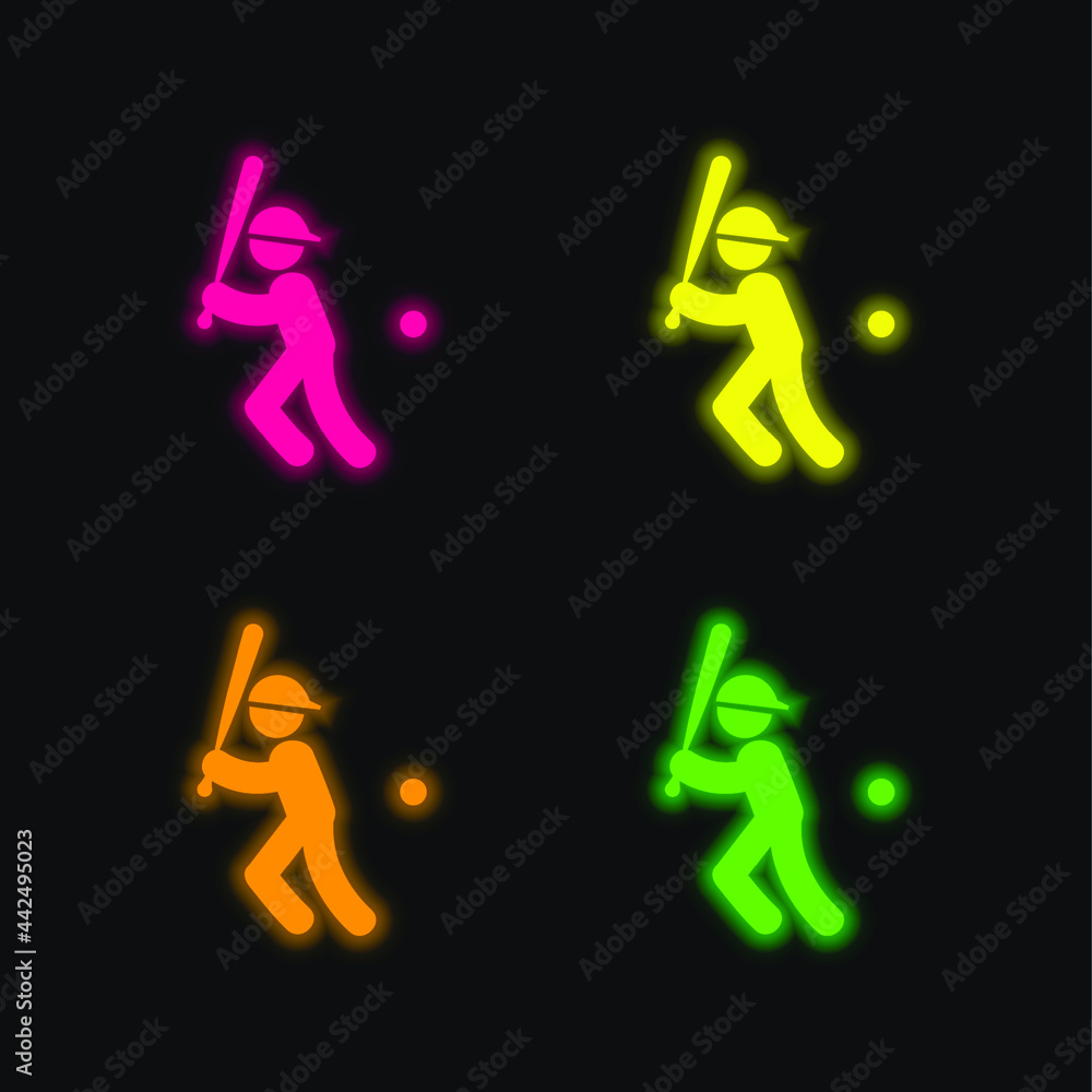Baseball Player With Bat Ball And Cap four color glowing neon vector icon Baseball Player With Bat Ball And Cap four color glowing neon vector icon