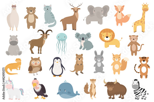 A set of cute cartoon animals. Domestic, wild, marine animals. Vector illustration. Bear, Cat, Deer, Elephant, Fox, Giraffe, Ibex, Koala, Penguin, Rabbit, Squirrel, Tiger, Unicorn, Whale, Yak, Zebra.