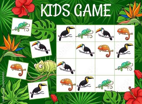 Kids sudoku game cartoon chameleons and toucans in jungle. Vector riddle with tropical animals characters on chequered board. Educational task, children crossword boardgame, maze teaser for sparetime