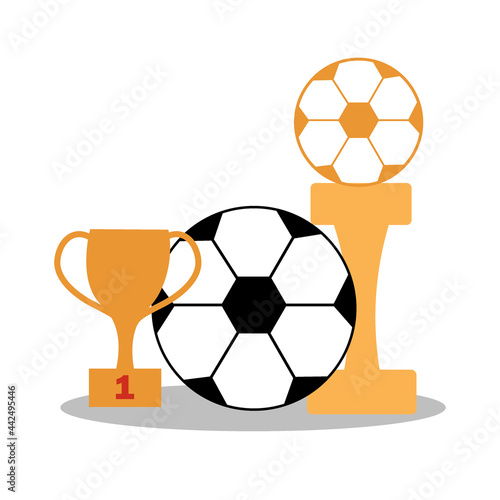 Soccer ball with a cup and a winner statuette. Football game attributes for postcard, logo or design. Flat illustration.