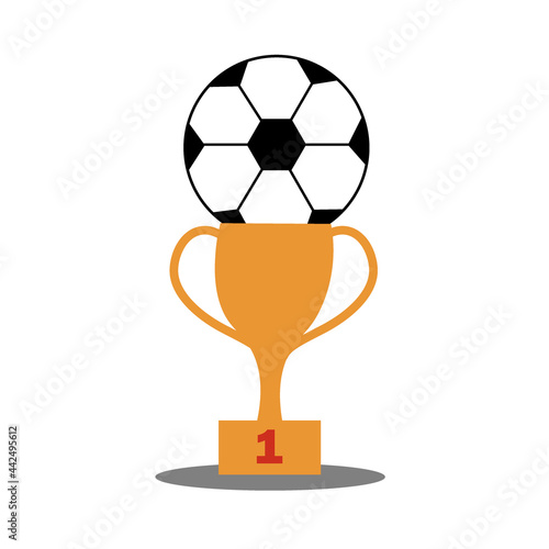Soccer ball with medal and championship winner cup. Football game attributes for postcard, logo or design. Flat illustration.
