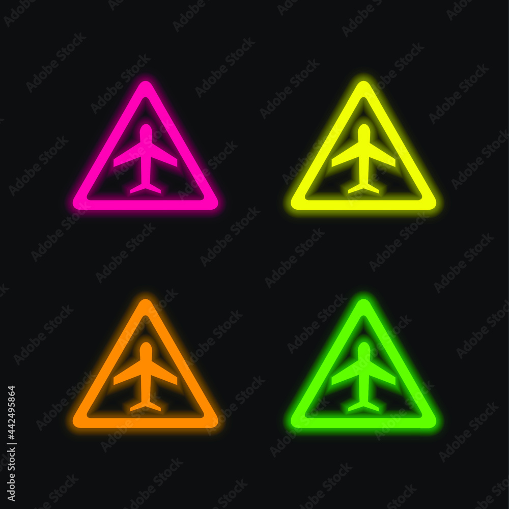Airport Traffic Triangular Signal Of An Airplane four color glowing neon vector icon Airport Traffic Triangular Signal Of An Airplane four color glowing neon vector icon