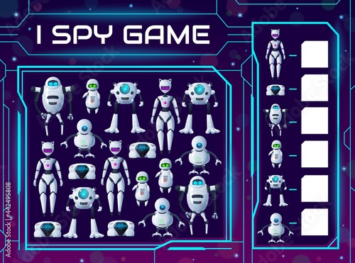 Kids riddle I spy game with cartoon robots and droids or robotic bots, vector find and match tabletop puzzle. Kids tabletop guess riddle board game with AI aliens, chatbots and android cyborgs