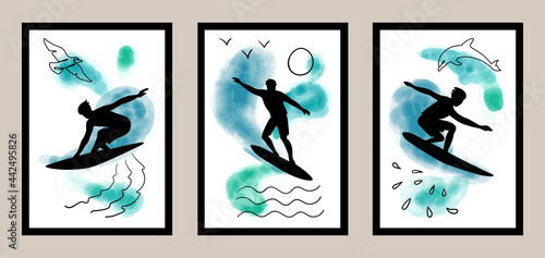 Surfing lineart set with watercolor elements. Vector illustration