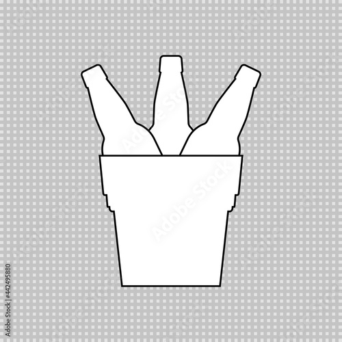 Set of beer bottles in a metal bucket. Linear outline vector drawing and simple icon.
