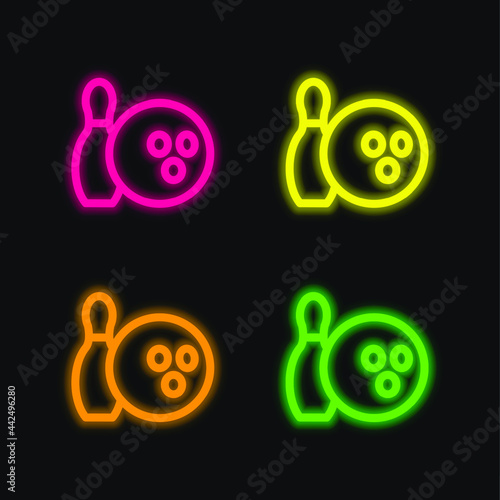 Bowling Ball And Pin four color glowing neon vector icon