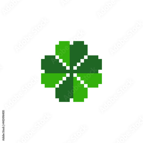 Four leaf clover pixel art icon, green plant logo. Isolated vector illustration. Game assets 8-bit sprite. Design for stickers,  web, mobile app. St. Patrick's day symbols.