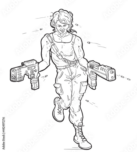 Woman run and shoot from two blasters. She fighting and bullets fly at her. Battle to the death. Black and white vector illustration