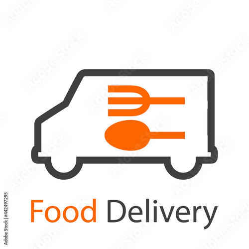 Logo con texto Food Delivery con tenedor y cuchara en camión con lineas en color gris y naranja