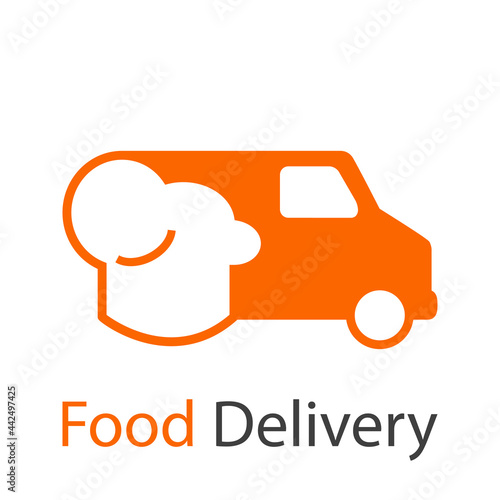 Logo con texto Food Delivery con sombrero de cocinero en camión en color naranja