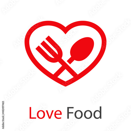 Logo con texto Love Food con corazón con cuchillo y tenedor con forma de aspa con lineas en color rojo