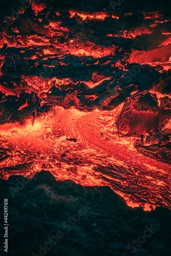 Abstract view of flowing lava at eruption site in Geldingadalir, Iceland — June 2021