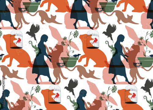 Seamless pattern with colorful elements of pets,cats, birds, lizards, rabbit, mouse, fish and dog. Endless texture, orange, blue, green, pink, isolated on white background. Vector illustration. 