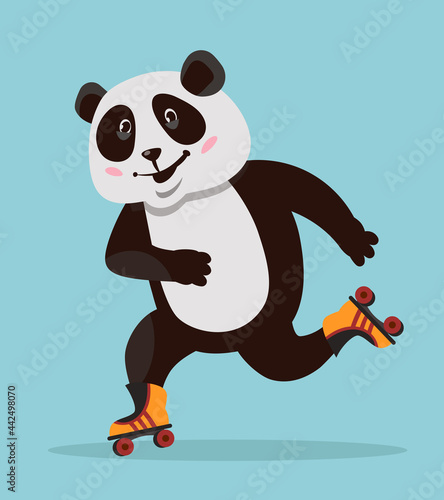 Panda roller skating. Funny animal in cartoon style.