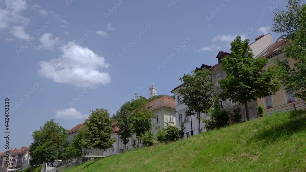 View of Ljubljana city from the boat, Navigating on Ljubljanica river. Historic buildings and castle in the background. Capital of Slovenia in hot summer day. Slow motion, tracking View of Ljubljana city from the boat, Navigating on Ljubljanica river. Historic buildings and castle in the background. Capital of Slovenia in hot summer day. Slow motion, tracking