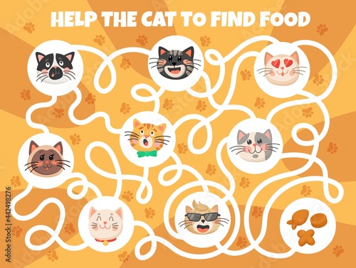 Cartoon cats and kittens kids game, labyrinth maze with cute pets muzzles and tangled path. Vector educational puzzle help the cat to find food with funny characters. Children activity riddle sheet