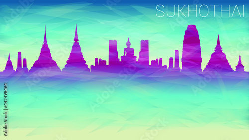 Sukhothai Thailand Skyline City Silhouette. Broken Glass Abstract Geometric Dynamic Textured. Banner Background. Colorful Shape Composition.
