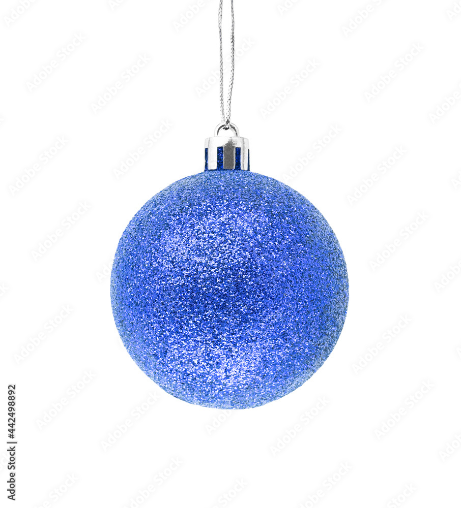Hanging blue glitter Christmas bauble isolated on white background. Hanging blue glitter Christmas bauble isolated on white background.