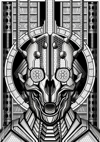 Symmetrical portrait of a terrible cyborg, a skull of a mechanical creature with cables connected to its head, a scary robot from the future close-up with mechanisms on its body and on the background.