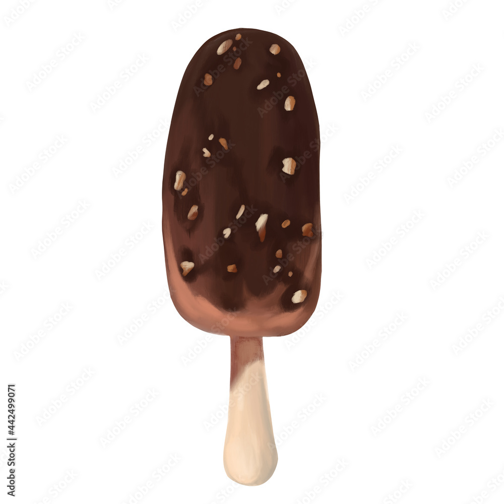 Popsicle on an isolated white background. Chocolate ice cream with nuts on a stick. Summer time raster illustration in realism style Popsicle on an isolated white background. Chocolate ice cream with nuts on a stick. Summer time raster illustration in realism style