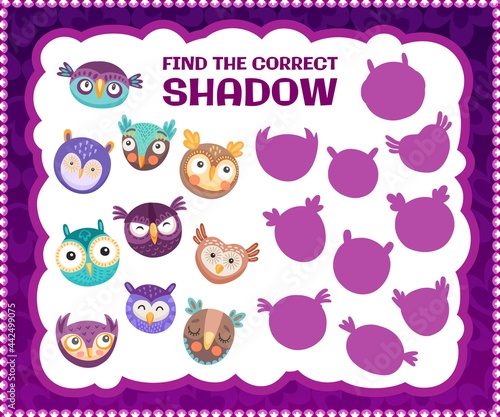 Find the correct owl bird shadow, kids education riddle game. Cartoon vector worksheet for logical mind development, shadow match children logic task with cute owlets, preschool educational puzzle