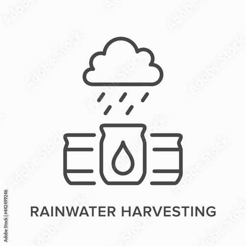 Rainwater harvesting flat line icon. Vector outline illustration of barrel, cloud and rain. Black thin linear pictogram for water collecting