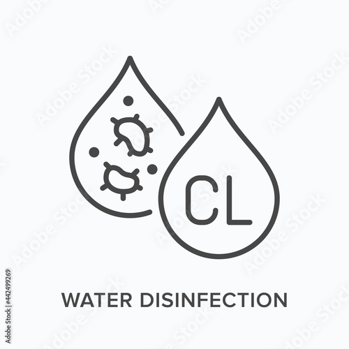 Water disinfection flat line icon. Vector outline illustration of waterdrop. Black thin linear pictogram for liquid purifying