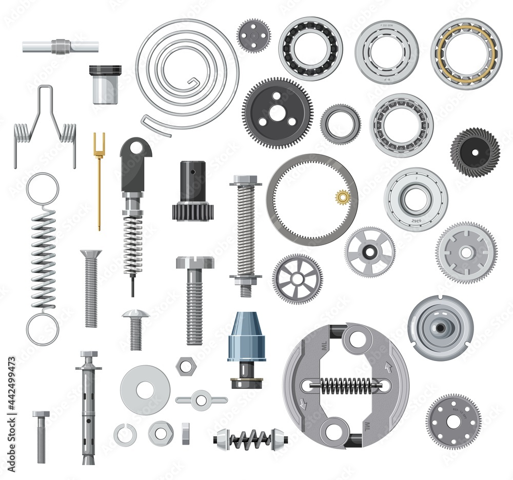Vettoriale Stock Isolated bolt, screw, nut and washer, spring, gear or  cogwheel with bearings. Cartoon vector mechanic spare parts for car, engine  gasket or mechanism. Machine gearwheels, transmission or gearbox parts