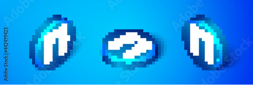 Isometric Circus curtain raises icon isolated on blue background. For theater or opera scene backdrop, concert grand opening or cinema premiere. Blue circle button. Vector