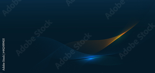 Abstract orange and blue wave dots particles on dark blue background.