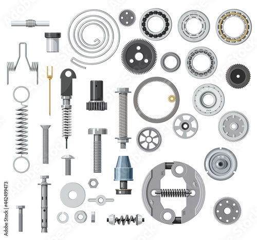 Isolated bolt, screw, nut and washer, spring, gear or cogwheel with bearings. Cartoon vector mechanic spare parts for car, engine gasket or mechanism. Machine gearwheels, transmission or gearbox parts