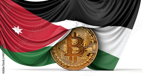 Jordan flag draped over a bitcoin cryptocurrency coin. 3D Rendering