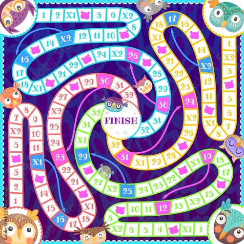 Kids riddle maze board game owls and owlets birds. Vector boardgame puzzle with cute cartoon characters on block numbered path, arrows, start and finish. Test for baby leisure, children activity task