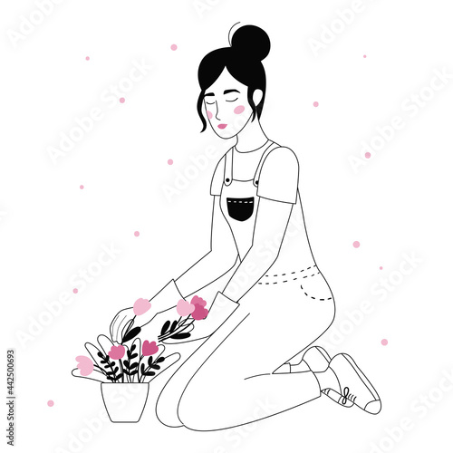 Young woman plants pink flowers in pots. Gardening hobby concept. Black and white vector outline illustration. Hand drawn doodle people. Crazy plant lady.