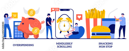 Overspending, mindlessly scrolling, snacking non-stop concept with tiny people. Addictive habits abstract vector illustration set. Social media addiction, diet and nutrition, junk food metaphor.