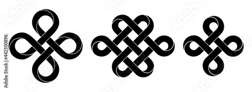 Set of signs made with ribbons intertwined as endless knot and bowen cross. Stylized ancient traditional symbols for tattoo design. Vector illustration. photo