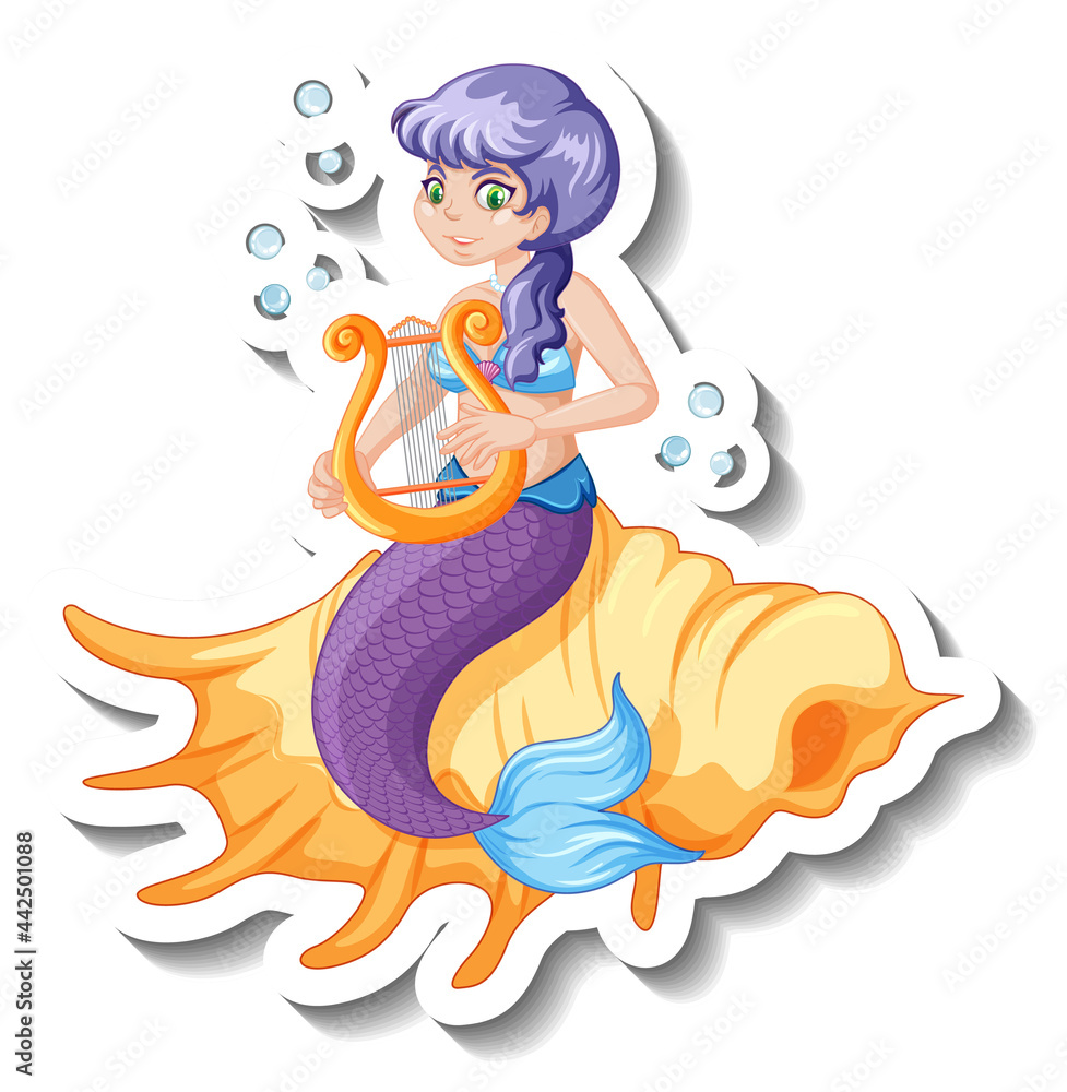 Obraz premium A sticker template with beautiful mermaid cartoon character