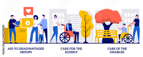 Aid to disadvantaged groups, care for elderly, help for disabled concept with tiny people. Non profit, voluntary services abstract vector illustration set. Social support for people in need metaphor. photo
