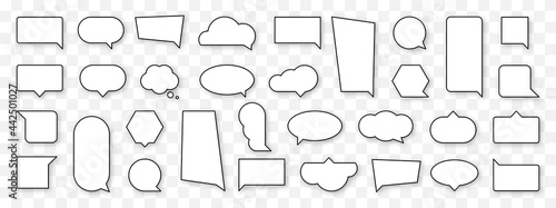 Blank cartoon speech bubble set. Empty comics cloud sign collection. Thinking, speaking, talking balloon icon. Black and white outline comic style and shape. Isolated vector illustration.