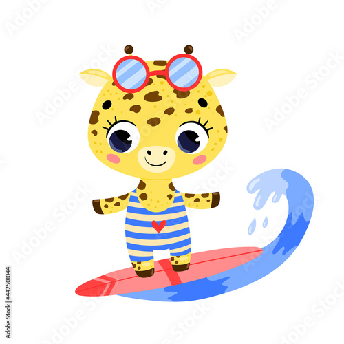 Canvas Print Flat doodle cute cartoon summer surfing giraffe