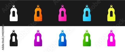 Set Dishwashing liquid bottle icon isolated on black and white background. Liquid detergent for washing dishes. Vector