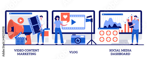Video content marketing, vlog, social media dashboard concept with tiny people. Online digital campaign abstract vector illustration set. Digital advertising business, online streaming metaphor.